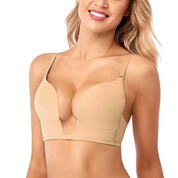 JOATEAY Women's Deep Plunge Bra Convertible Push up Low Cut Seamless Wireless Bra Red Carpet(Light B...