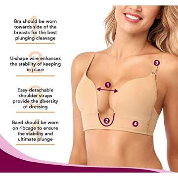 JOATEAY Women's Deep Plunge Bra Convertible Push up Low Cut Seamless Wireless Bra Red Carpet(Light Beige,34D)