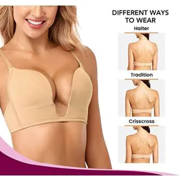 JOATEAY Women's Deep Plunge Bra Convertible Push up Low Cut Seamless Wireless Bra Red Carpet(Light Beige,34D)