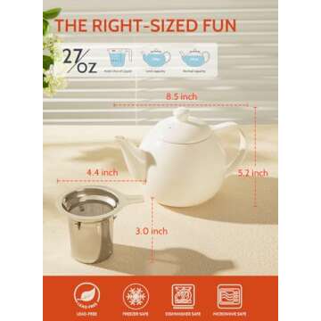 Sweese Teapots for Tea, 27 oz Porcelain Tea pot with Removable Stainless Steel Infuser, Tea Pots for Loose Tea - White