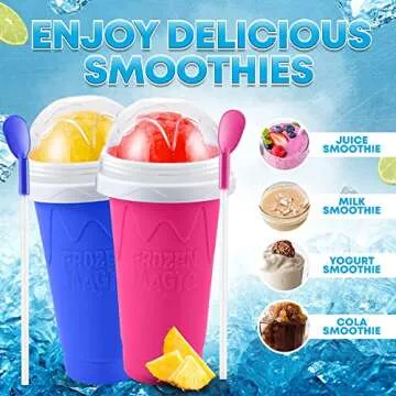 Slushie Cup 2 Pack, Quick Frozen Magic Slushy Cup, Reusable Modern Double Layer Slushie Maker Cup for Ice Cream, Milk, Juice Make, Slushy Cup with Straw & Spoon for Kids, Friends & Family