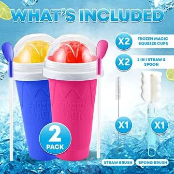 Slushie Cup 2 Pack, Quick Frozen Magic Slushy Cup, Reusable Modern Double Layer Slushie Maker Cup for Ice Cream, Milk, Juice Make, Slushy Cup with Straw & Spoon for Kids, Friends & Family