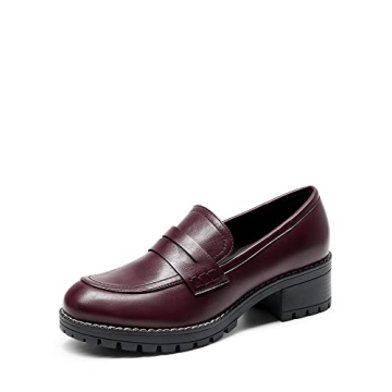DREAM PAIRS Women's Comfortable Platform Chunky Heel Business Casual Loafers, Burgundy PU