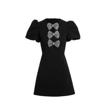 Generic Women'S Crystal Bow Embellished Black Dress Mini Short A-Line Party Evening Gown Puff Sleeve...