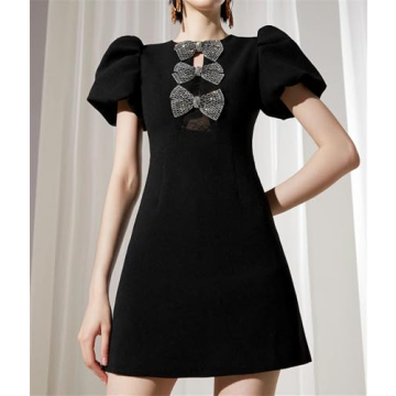Elegant Black Party Dress with Crystal Bow Embellishments