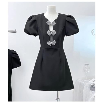 Elegant Black Party Dress with Crystal Bow Embellishments