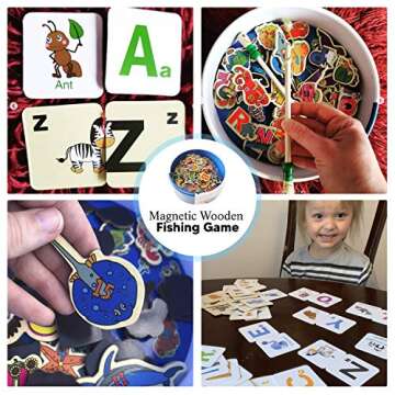 PETITOY Magnetic Wooden Fishing Game Toy for Toddler Kids Boy Girl Alphabet and Numbers with Catching Magnet Poles, Preschool Board Games Learning Education 3 4 5 Year Old