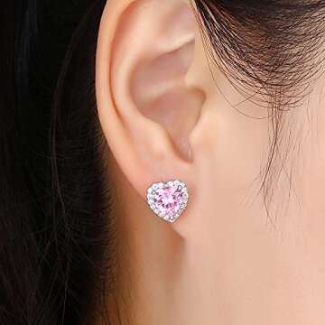 CZ Stud Earrings, Heart Earrings for Women YOMELA White Gold Small Dainty Pink Heart Cubic Zirconia Halo Stud Earrings Hypoallergenic for Women