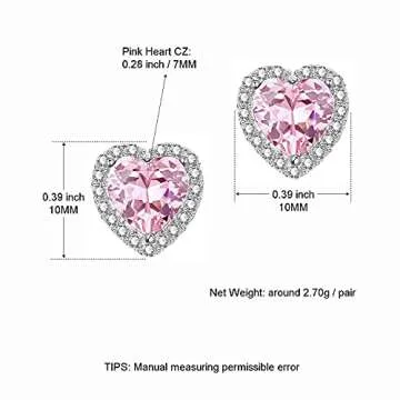 CZ Stud Earrings, Heart Earrings for Women YOMELA White Gold Small Dainty Pink Heart Cubic Zirconia Halo Stud Earrings Hypoallergenic for Women