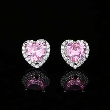 CZ Stud Earrings, Heart Earrings for Women YOMELA White Gold Small Dainty Pink Heart Cubic Zirconia Halo Stud Earrings Hypoallergenic for Women