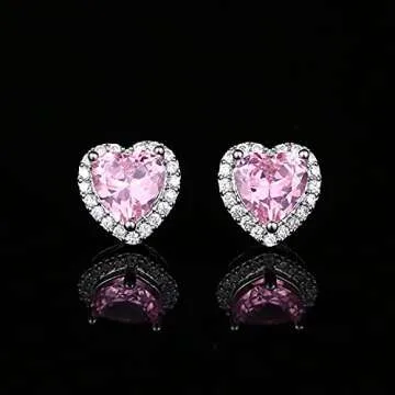 CZ Stud Earrings, Heart Earrings for Women YOMELA White Gold Small Dainty Pink Heart Cubic Zirconia Halo Stud Earrings Hypoallergenic for Women