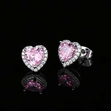 CZ Stud Earrings, Heart Earrings for Women YOMELA White Gold Small Dainty Pink Heart Cubic Zirconia Halo Stud Earrings Hypoallergenic for Women