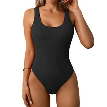 Limeeke Women One Piece Swimsuit Solid Ribbed Monokini Swimwear Scoop Neck Low Back Bathing Suit Black S