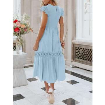 ZESICA Women's Casual Crew Neck Flutter Sleeve Smocked High Waist Hollow Out Lace Trim Tiered A Line Midi Dress,LightBlue,Medium