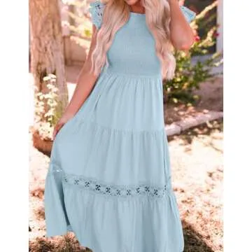 ZESICA Women's Casual Crew Neck Flutter Sleeve Smocked High Waist Hollow Out Lace Trim Tiered A Line Midi Dress,LightBlue,Medium