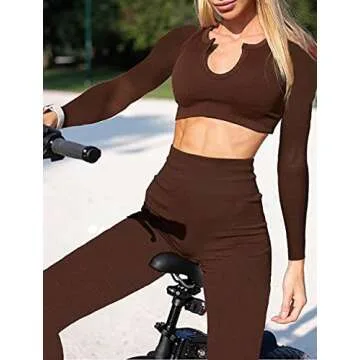 Hwnovdy Workout Outfits for Women 2 Piece Ribbed Seamless Long Sleeve Crop Tops High Waist Yoga Leggings Sets coffee M