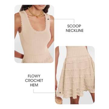 Wenrine Women's Summer Mini Dresses Sleeveless Knitted Crew Neck Casual Crochet Hem Slim Cute Tank Dress Khaki