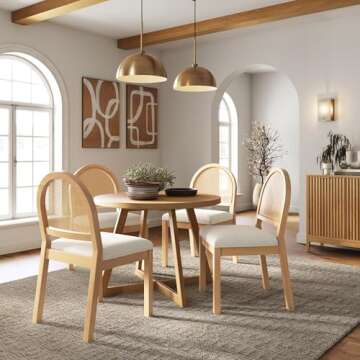 Nathan James Bailey 19 in. Boucle Dining Chair, Upholstered Side Chair with Natural Woven Rattan Back and Solid Wood Legs, Natural Brown/Rattan/Cream Boucle, Set of 4