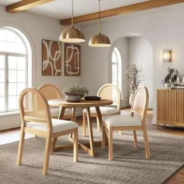 Nathan James Bailey 19 in. Boucle Dining Chair, Upholstered Side Chair with Natural Woven Rattan Back and Solid Wood Legs, Natural Brown/Rattan/Cream Boucle, Set of 4