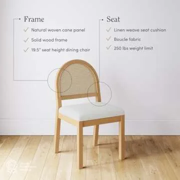 Nathan James Bailey 19 in. Boucle Dining Chair, Upholstered Side Chair with Natural Woven Rattan Back and Solid Wood Legs, Natural Brown/Rattan/Cream Boucle, Set of 4