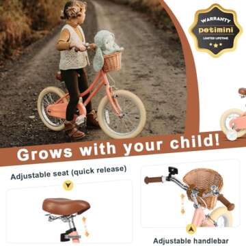 Petimini 12 Inch Kids Bike for Age 2 3 4 Years Old Little Girls Toddlers Retro Vintage Style Bicycles with Basket Training Wheels and Bell, Peach
