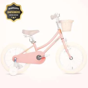 Petimini 12 Inch Kids Bike for Age 2 3 4 Years Old Little Girls Toddlers Retro Vintage Style Bicycles with Basket Training Wheels and Bell, Peach