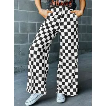 Acelitt Women's Casual Checkered Pants 2025 Spring Summer Lightweight Elastic Waist Comfy Loose Wide Leg Plaid Beach Pants Trousers Vacation Outfits Black Large