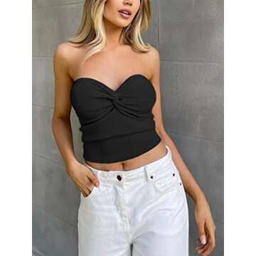 Womens Tube Tops Summer Twist Knot Front Knit Bandeau Sweetheart Neck Ribbed Sleeveless Strapless Y2K Crop Tank Corset Top Black