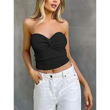 Womens Tube Tops Summer Twist Knot Front Knit Bandeau Sweetheart Neck Ribbed Sleeveless Strapless Y2K Crop Tank Corset Top Black