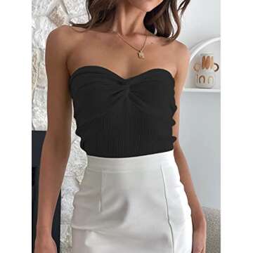 Womens Tube Tops Summer Twist Knot Front Knit Bandeau Sweetheart Neck Ribbed Sleeveless Strapless Y2K Crop Tank Corset Top Black