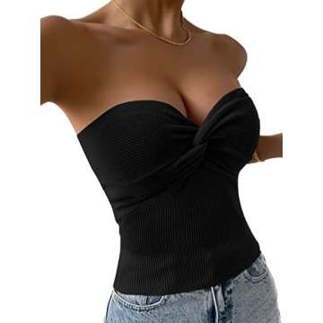 Womens Tube Tops Summer Twist Knot Front Knit Bandeau Sweetheart Neck Ribbed Sleeveless Strapless Y2K Crop Tank Corset Top Black