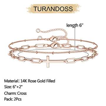 Turandoss Gold Layered Cross Bracelets for Women, 14K Rose Gold Filled Layered Bead Chain Cross Bracelets Handmade Paperclip Chain Gold Bracelets for Women Jewelry (Cross&Paperclip Chain)
