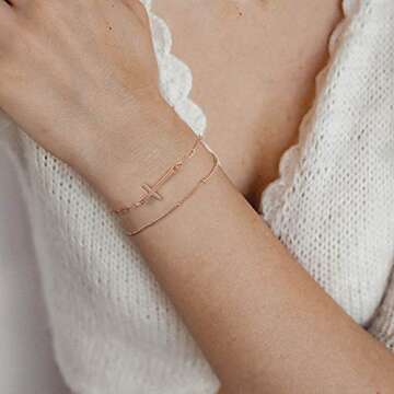 Turandoss Gold Layered Cross Bracelets for Women, 14K Rose Gold Filled Layered Bead Chain Cross Bracelets Handmade Paperclip Chain Gold Bracelets for Women Jewelry (Cross&Paperclip Chain)