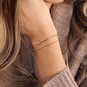 Turandoss Gold Layered Cross Bracelets for Women, 14K Rose Gold Filled Layered Bead Chain Cross Bracelets Handmade Paperclip Chain Gold Bracelets for Women Jewelry (Cross&Paperclip Chain)