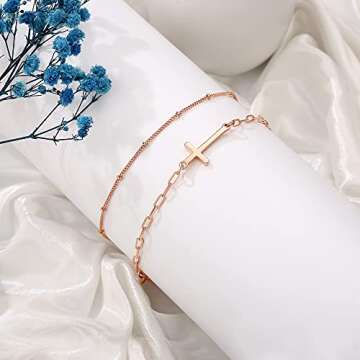 Turandoss Gold Layered Cross Bracelets for Women, 14K Rose Gold Filled Layered Bead Chain Cross Bracelets Handmade Paperclip Chain Gold Bracelets for Women Jewelry (Cross&Paperclip Chain)