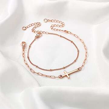 Turandoss Gold Layered Cross Bracelets for Women, 14K Rose Gold Filled Layered Bead Chain Cross Bracelets Handmade Paperclip Chain Gold Bracelets for Women Jewelry (Cross&Paperclip Chain)