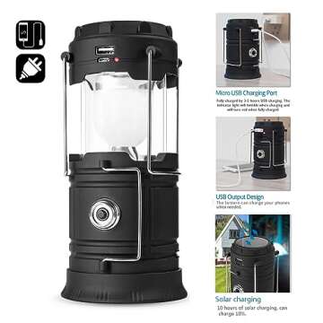 Solar Powered Camping Lantern, Flashlights Charging for Phone, USB Rechargeable LED Camping Lantern, Collapsible & Portable for Emergency, Hurricanes