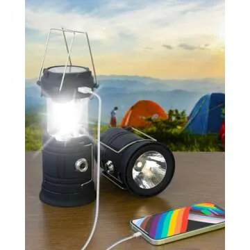 Solar Powered Camping Lantern, Flashlights Charging for Phone, USB Rechargeable LED Camping Lantern, Collapsible & Portable for Emergency, Hurricanes