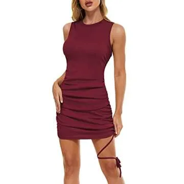 QUALFORT Women's Sexy Ruched Mini Drawstring Dress