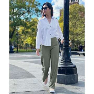 Promover Wide Leg Pants Woman 2024 Yoga Casual Pants Work Business High Waisted Dress Palazzo Flowy Trousers(Grey Sage,L,28")