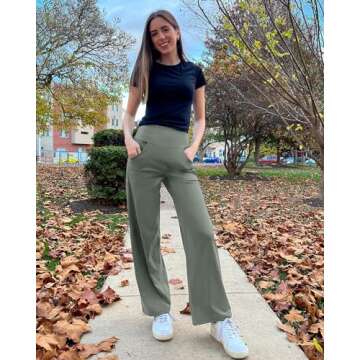 Promover Wide Leg Pants Woman 2024 Yoga Casual Pants Work Business High Waisted Dress Palazzo Flowy Trousers(Grey Sage,L,28")