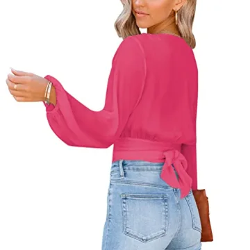 LYANER Women's Deep V Neck Tie Front Long Sleeve Crop Top