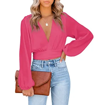 LYANER Women's Deep V Neck Tie Front Long Sleeve Crop Top
