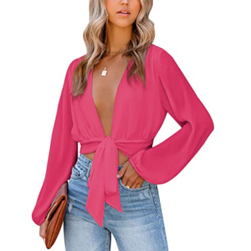 LYANER Women's Deep V Neck Tie Front Long Sleeve Crop Top