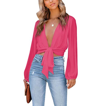 LYANER Women's Deep V Neck Tie Front Long Sleeve Crop Top