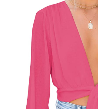 LYANER Women's Deep V Neck Tie Front Long Sleeve Crop Top