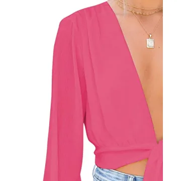 LYANER Women's Deep V Neck Tie Front Long Sleeve Crop Top