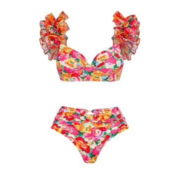 FLAXMAKER Double Layer Ruffled Shoulder Straps Flower Print Bikini Swimsuit and Sarong - Stylish & C...