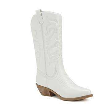 Soda Women Cowgirl Cowboy Western Stitched Boots Pointy Toe Knee High Reno-S, 5.5, White/Beige Pu