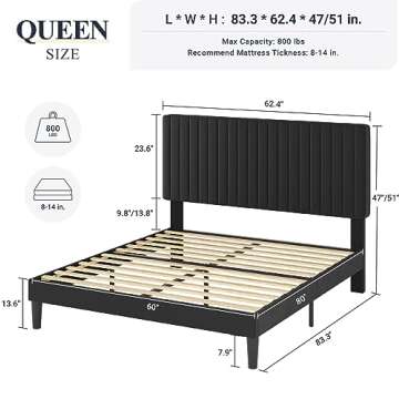 Allewie Queen Bed Frame, Velvet Upholstered Platform Bed with Vertical Channel Tufted Headboard, Mat...